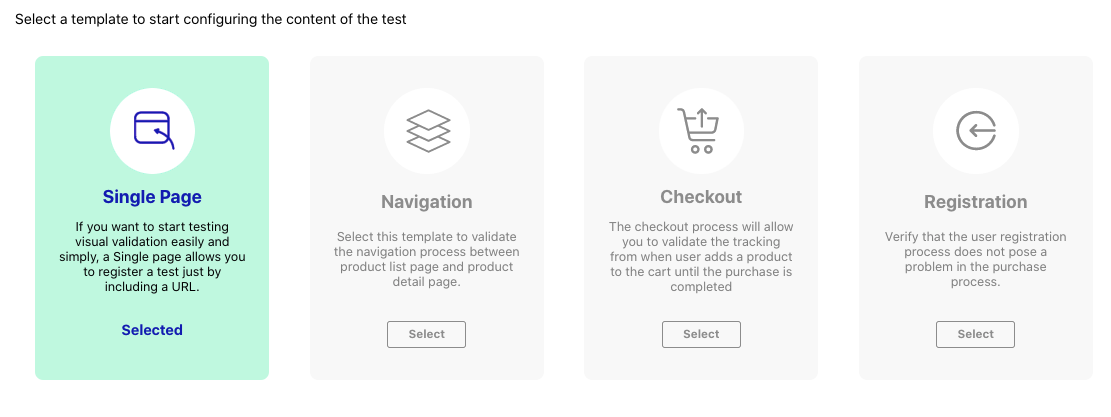 Valido create new test wizard, the first step 